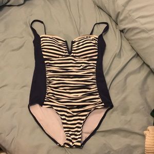 Navy and white one piece bathing suit